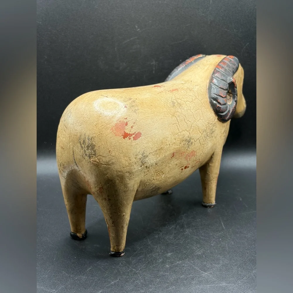 Vintage Hand Painted Carved Wood Sheep Ram Figure Sculpture Folk Art Collectible